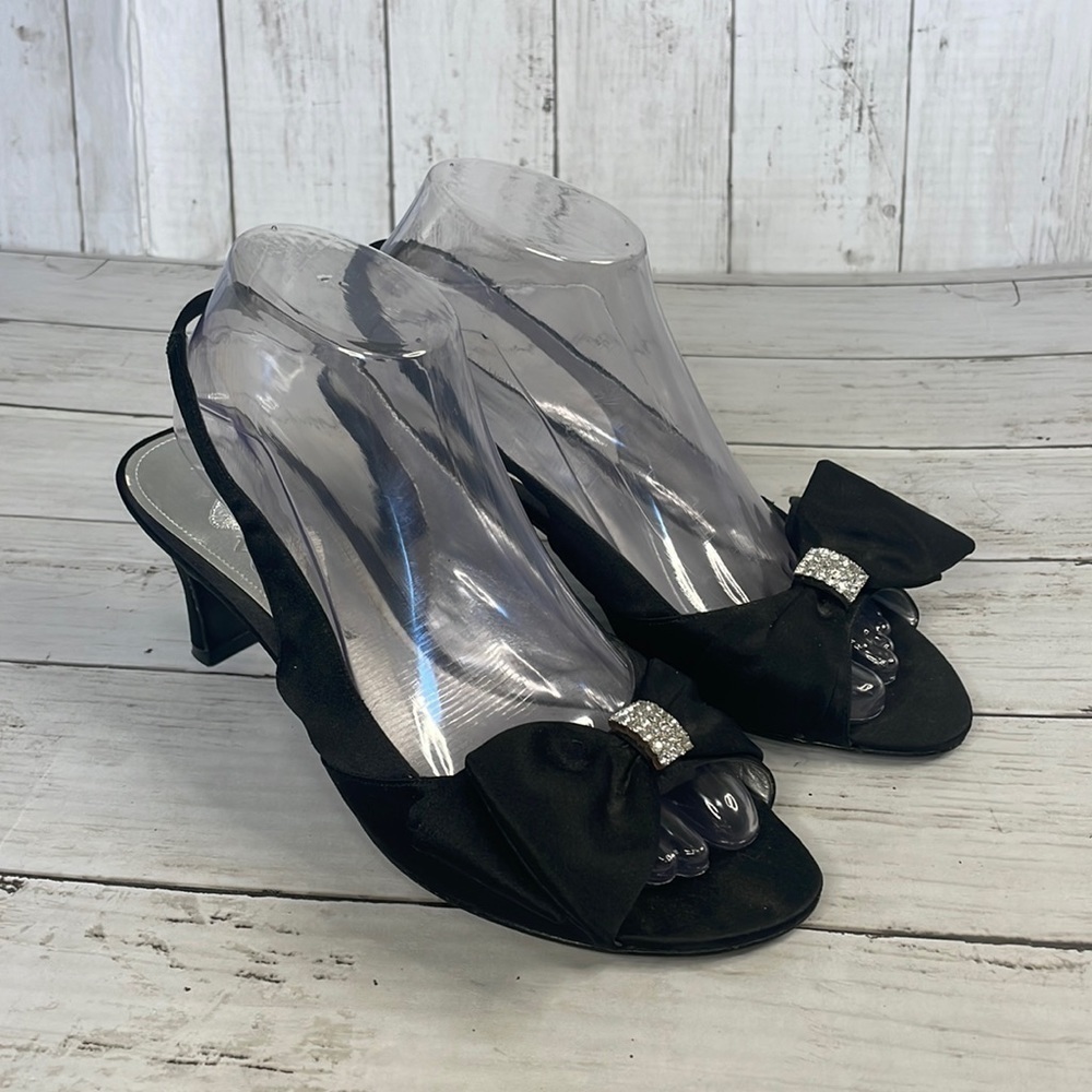 Nina Black Satin Bow Embellished Open Toe Sling Back Heel